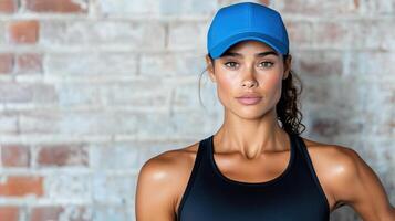 A woman in a sports cap and black tank top photo