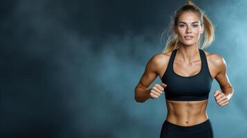 A woman in a sports bra top running photo