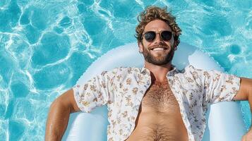 A man in a white shirt and sunglasses is floating in a pool photo