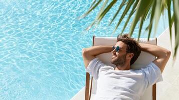 A man in sunglasses is relaxing by a pool photo