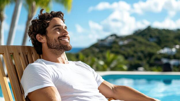 A man sitting in a chair by a pool photo