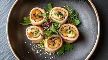 A plate with four rolls of food photo