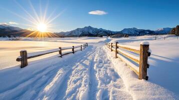 A path leads to a snowy field with mountains in the background photo