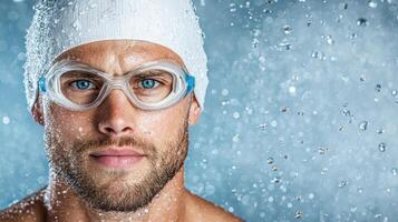 A man with goggles and a swim cap photo