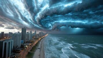 A storm is seen over the ocean and city photo