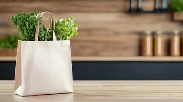 A white bag with fresh herbs sitting on a wooden table photo