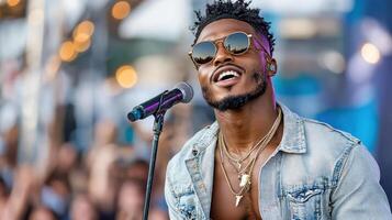 A man with sunglasses and a shirt on singing into a microphone photo
