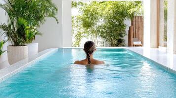 A woman is relaxing in a pool at a resort photo