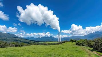 A coal power plant in the middle of a green field with mountains in the background photo