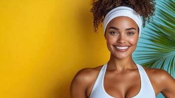 A beautiful woman in a white tank top and headband smiling photo