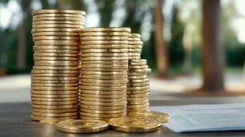 A stack of gold coins sitting on top of a stack of papers photo