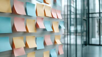 Post-it notes on the wall of an office photo
