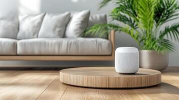 A smart speaker on a wooden table in a living room photo