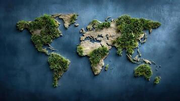 The world map is made of green plants on a dark background photo