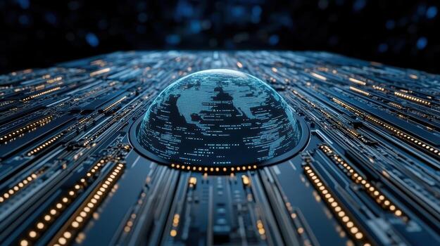 A globe on a circuit board with a network of wires photo