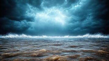 Stormy sea with lightning and storm over ocean photo