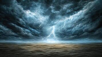 A stormy sky with lightning coming out of the ocean photo