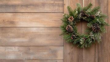 A wreath on a wooden wall with pine cones photo