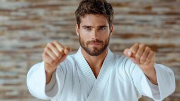 A man in karate gear is posing for the camera photo