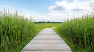 A wooden path through tall grass and tall reeds photo