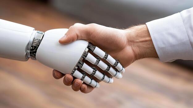 un robot mano sacudida manos con un persona foto