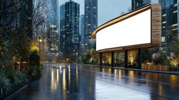 An empty billboard on a wet street at night photo