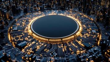 A circular black hole in the middle of a city photo