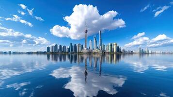 The city skyline reflected in the water with clouds photo