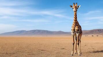 A giraffe standing in the middle of an open field photo
