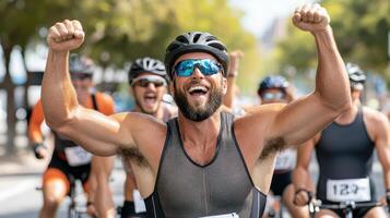 A man is celebrating after a triathlon photo