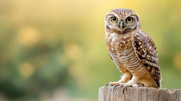 An owl is sitting on a wooden post photo