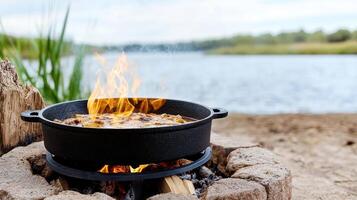 A pot of food on a fire in front of a lake photo