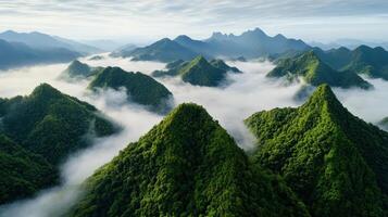 Aerial view of green mountains and fog in china photo
