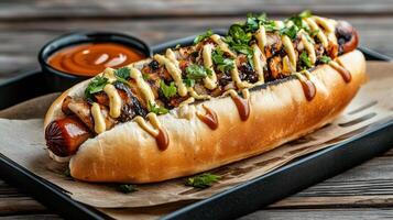 A hot dog with sauce and garnish on it photo
