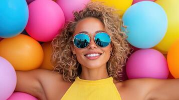 A woman wearing sunglasses and a yellow top is surrounded by colorful balloons photo