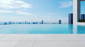 A pool with a view of the city skyline photo