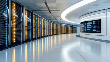 A long hallway with rows of servers in a data center photo