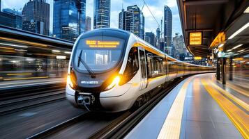 A train moving through a city at night photo