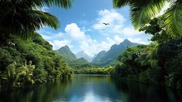 Tropical jungle river with birds flying over it photo