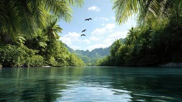A river with palm trees and birds flying over it photo