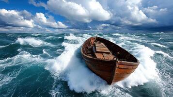 A boat in the ocean with waves and clouds photo