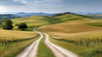 A dirt road winding through a field of grass photo