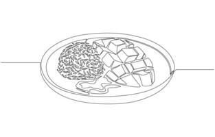 Continuous one line drawing of mango sticky rice on plate, national dessert concept, single line art vector