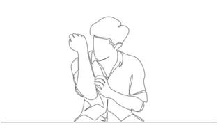 Continuous one line drawing of Man scratching rash on his arm, skin allergies concept, single line art vector