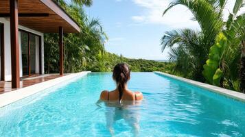 A woman is floating in the pool of a resort photo