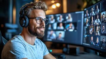 A man wearing headphones and glasses is sitting in front of a computer screen photo