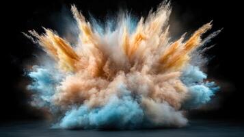 Colorful explosion of powder on black background photo