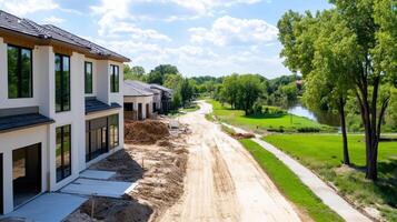 A house under construction with dirt road and trees photo
