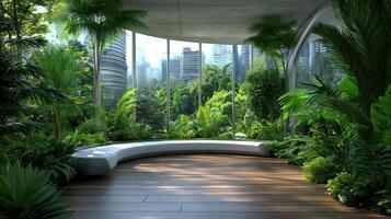 A modern interior with a bench and plants photo