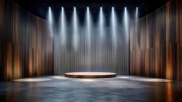 Empty stage with spotlight and wooden walls photo